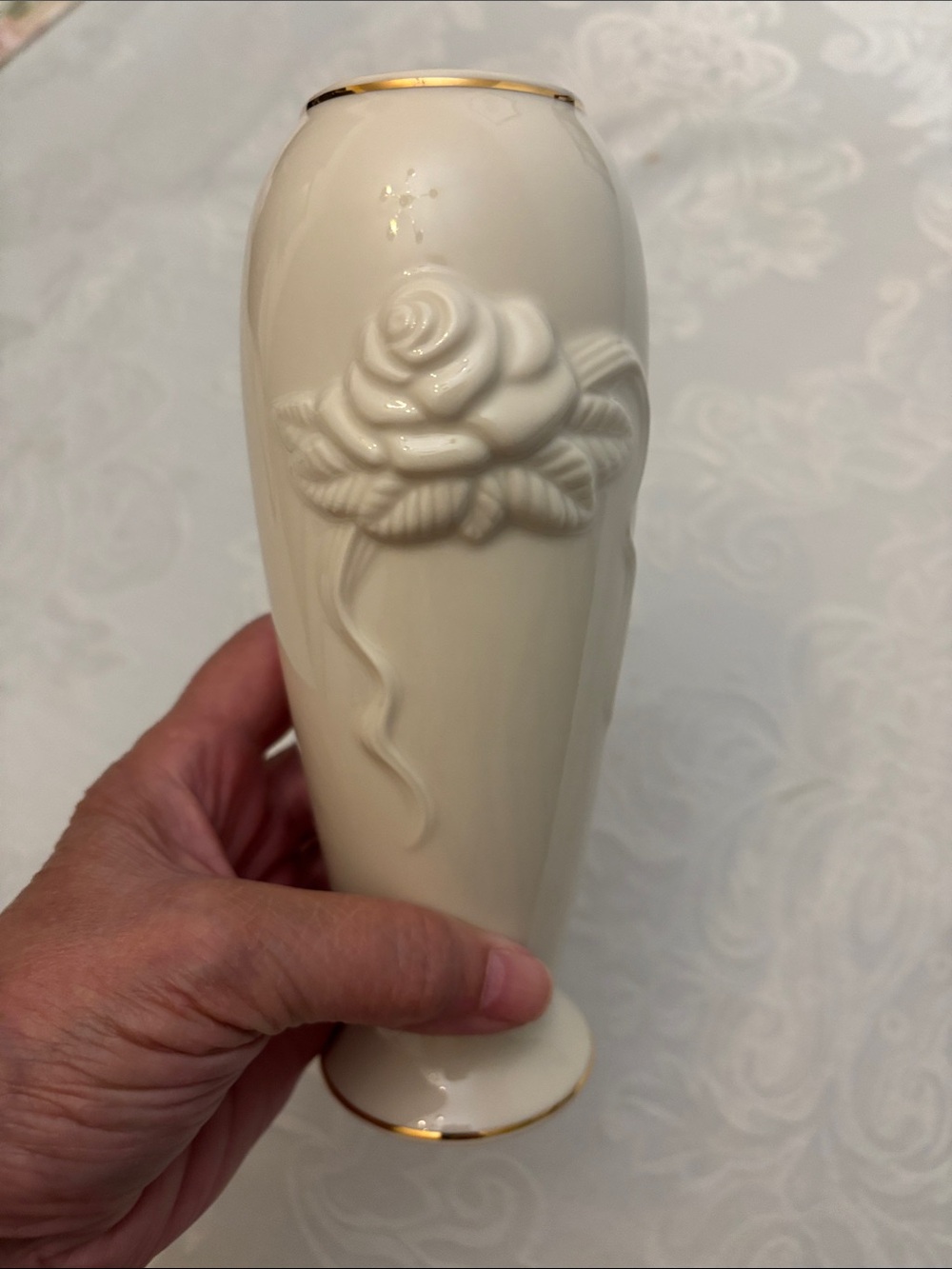 Lenox Ivory Porcelain Bud Vase with Gold Trim and Rose Relief